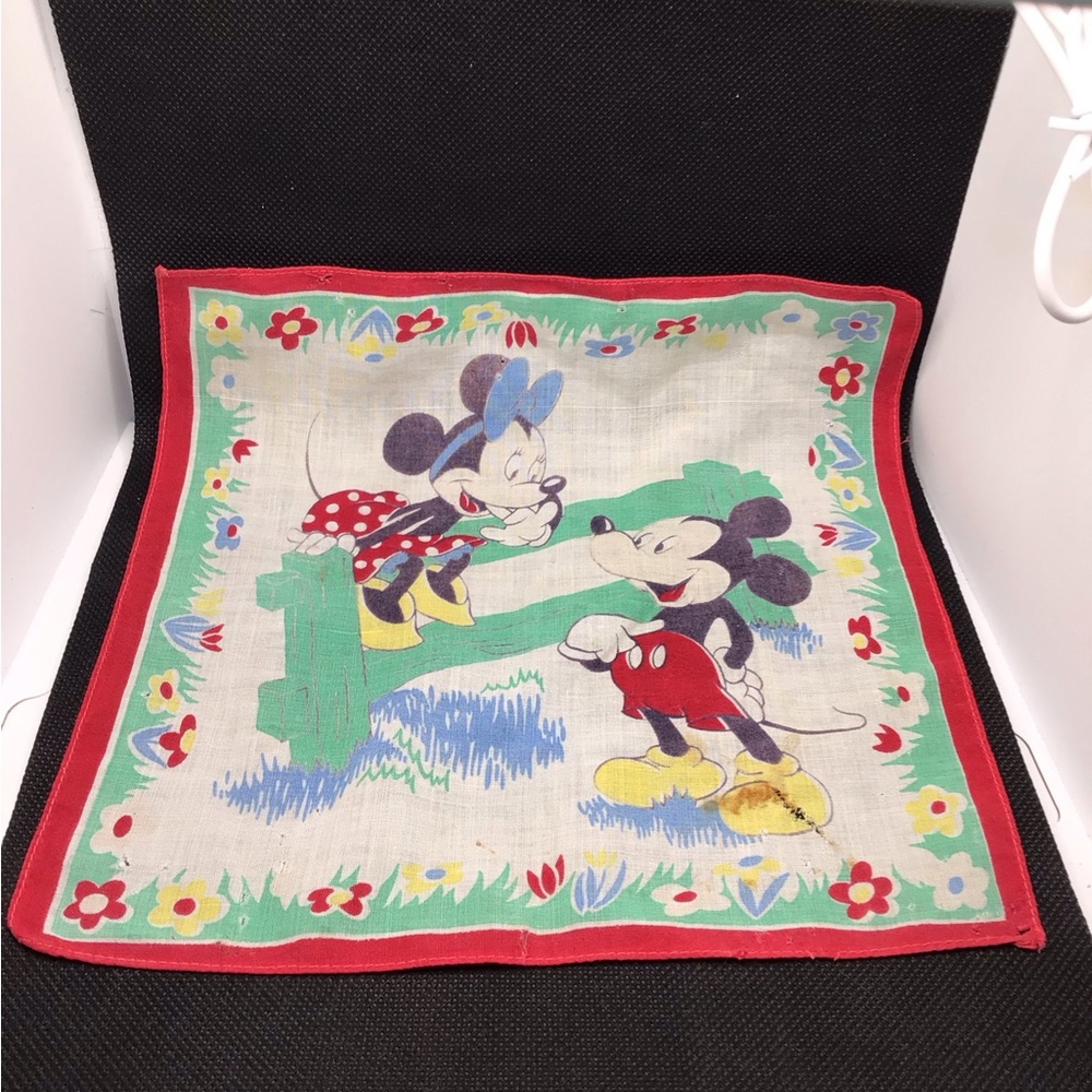 Vintage 1950s Girl’s Mickey and Minnie Handkerchief. See photos for small tear.